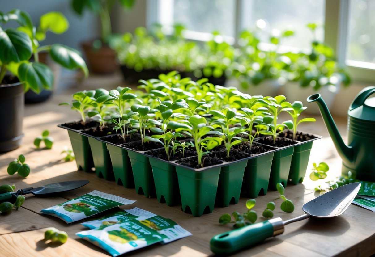 23+ Seed Starting Tray Ideas: Expert Tips for Growing Healthy Seedlings in the US 2 A seed starting tray with small green seedlings on a wooden table surrounded by gardening tools and seed packets.