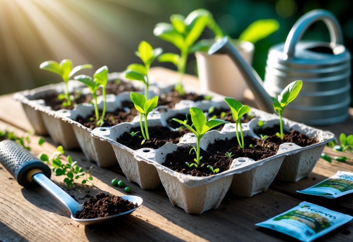 23+ Seed Starting Tray Ideas: Expert Tips for Growing Healthy Seedlings in the US 3 Egg cartons used as seed starting trays with small seedlings growing in soil on a wooden table surrounded by gardening tools.