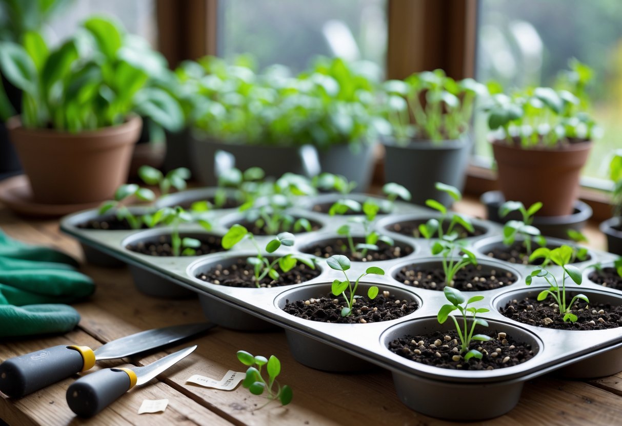 23+ Seed Starting Tray Ideas: Expert Tips for Growing Healthy Seedlings in the US 4 Muffin tins used as seed starting trays with soil and small seedlings on a wooden table surrounded by gardening tools.