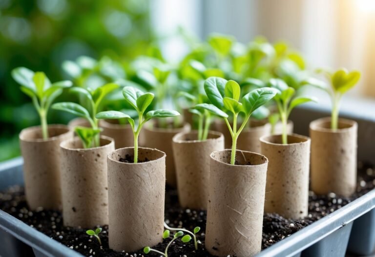 A seed starting tray made from toilet paper rolls with small green seedlings growing in soil.