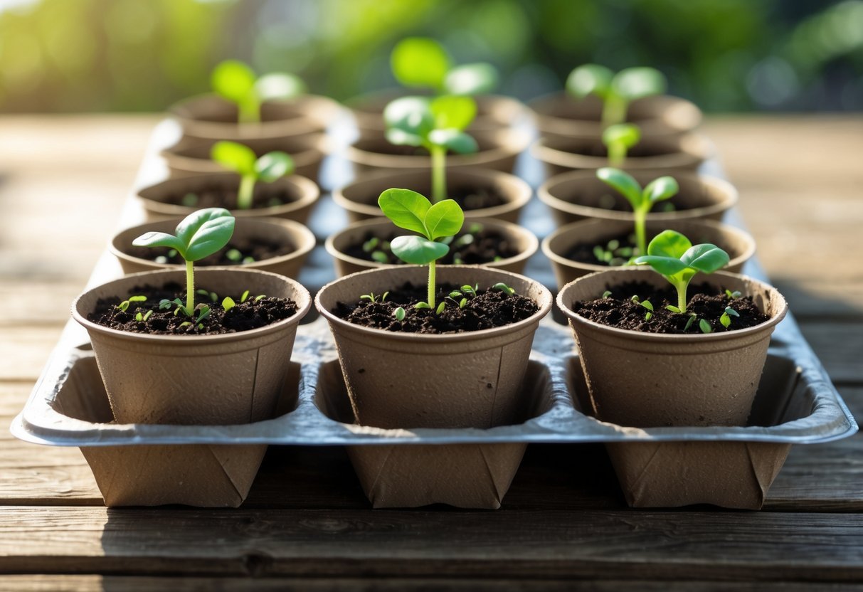 23+ Seed Starting Tray Ideas: Expert Tips for Growing Healthy Seedlings in the US 7 Seedlings growing in paper cups arranged in a tray on a wooden table with natural light.