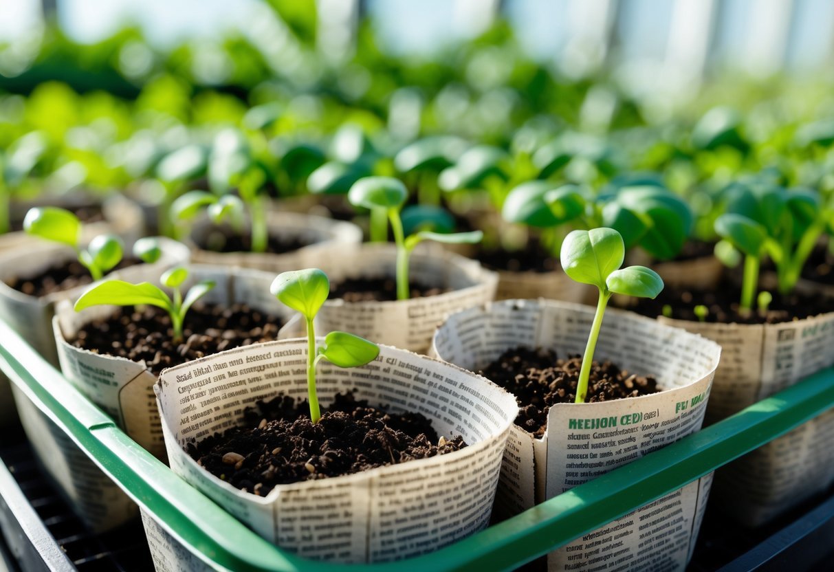 23+ Seed Starting Tray Ideas: Expert Tips for Growing Healthy Seedlings in the US 8 Seed starting tray with newspaper pots containing soil and small green seedlings in a bright indoor gardening setting.