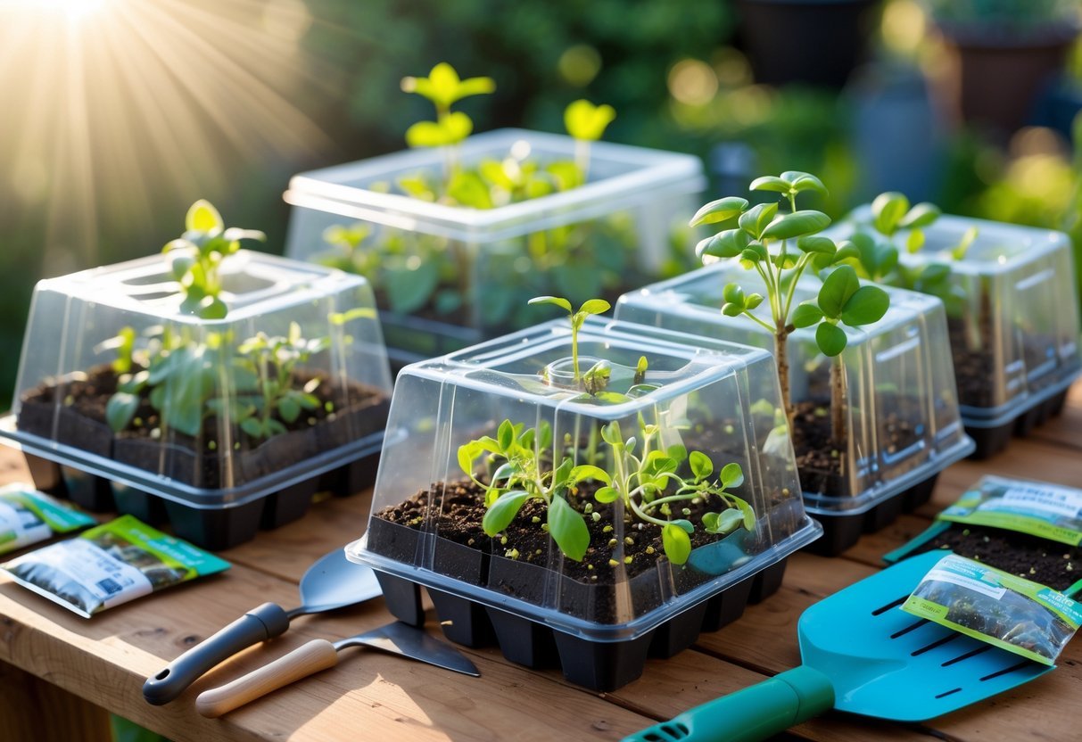 23+ Seed Starting Tray Ideas: Expert Tips for Growing Healthy Seedlings in the US 9 Seven plastic clamshell containers used as seed starting trays with young seedlings growing inside, placed on a wooden table with gardening tools nearby.