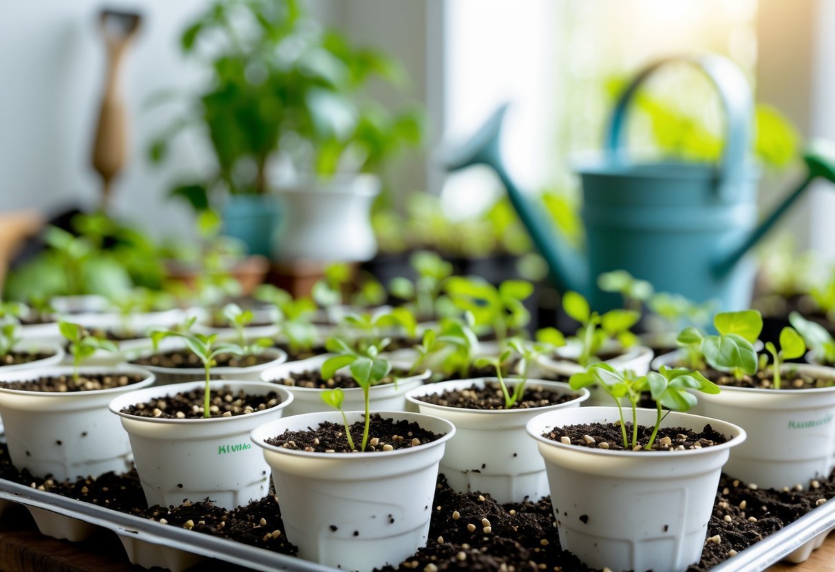 23+ Seed Starting Tray Ideas: Expert Tips for Growing Healthy Seedlings in the US 10 Seed starting tray made from yogurt cups with young green seedlings growing indoors surrounded by gardening tools.