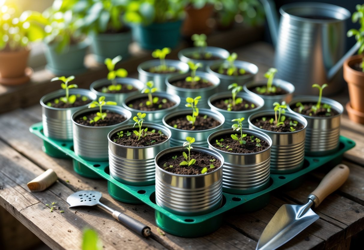 23+ Seed Starting Tray Ideas: Expert Tips for Growing Healthy Seedlings in the US 11 Seedlings growing in tin cans arranged on a wooden table with gardening tools nearby.