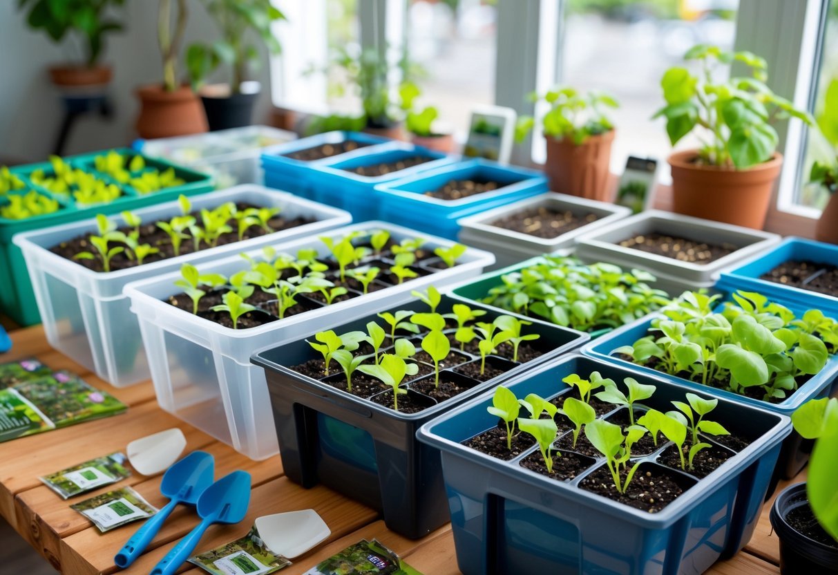 23+ Seed Starting Tray Ideas: Expert Tips for Growing Healthy Seedlings in the US 12 Plastic storage bins used as seed starting trays with seedlings growing inside, placed on a wooden table with gardening tools nearby.