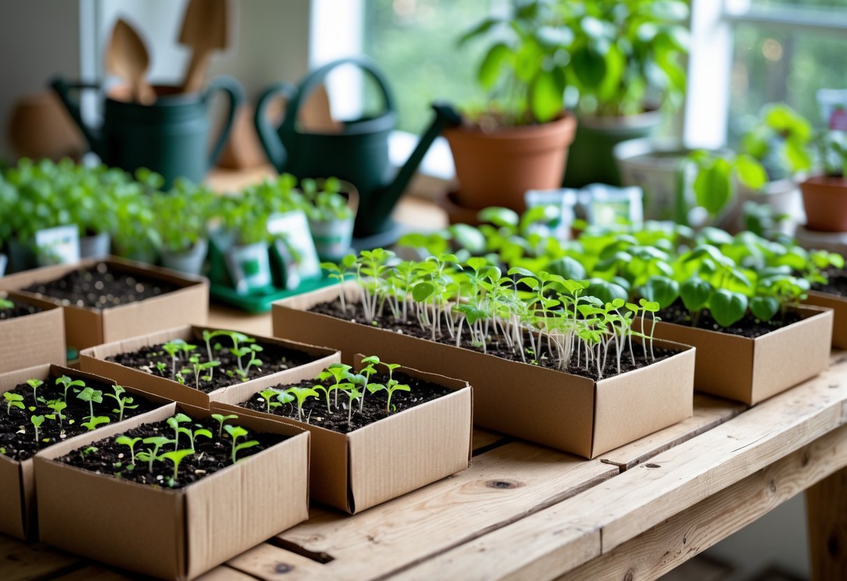 23+ Seed Starting Tray Ideas: Expert Tips for Growing Healthy Seedlings in the US 13 Seedlings growing in cardboard boxes used as seed starting trays on a wooden table with gardening tools nearby.