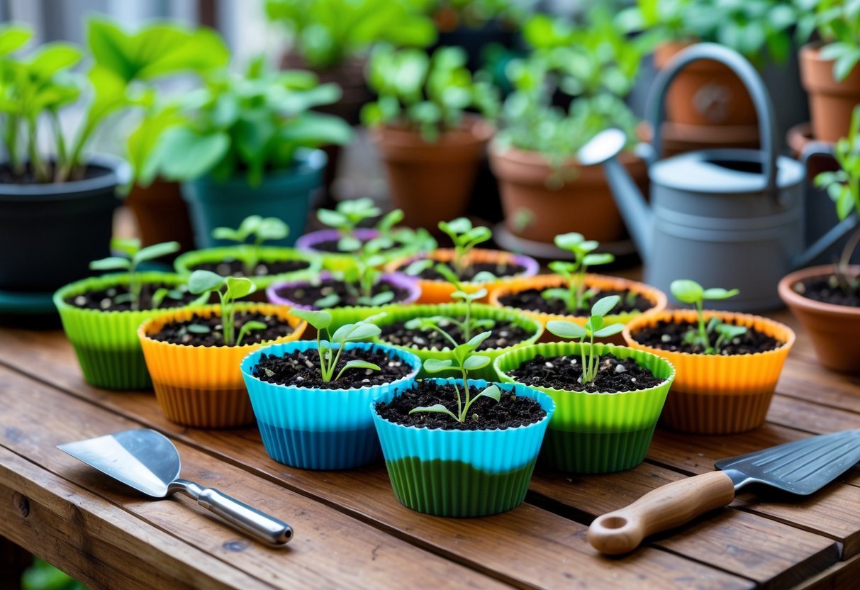 23+ Seed Starting Tray Ideas: Expert Tips for Growing Healthy Seedlings in the US 14 Colorful silicone cupcake liners used as seed starting trays with seedlings growing inside, placed on a wooden table with gardening tools nearby.