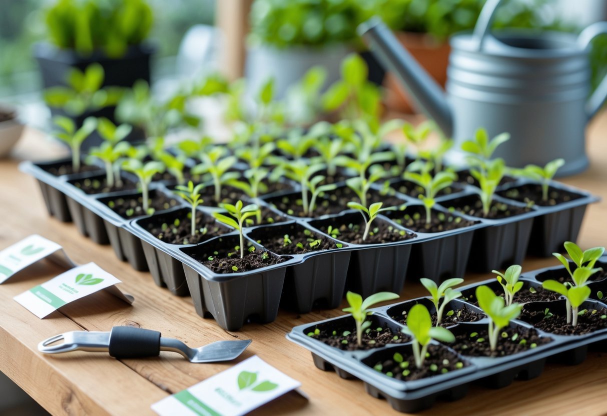 23+ Seed Starting Tray Ideas: Expert Tips for Growing Healthy Seedlings in the US 15 Seedling plug trays filled with young green seedlings on a wooden table with gardening tools nearby.