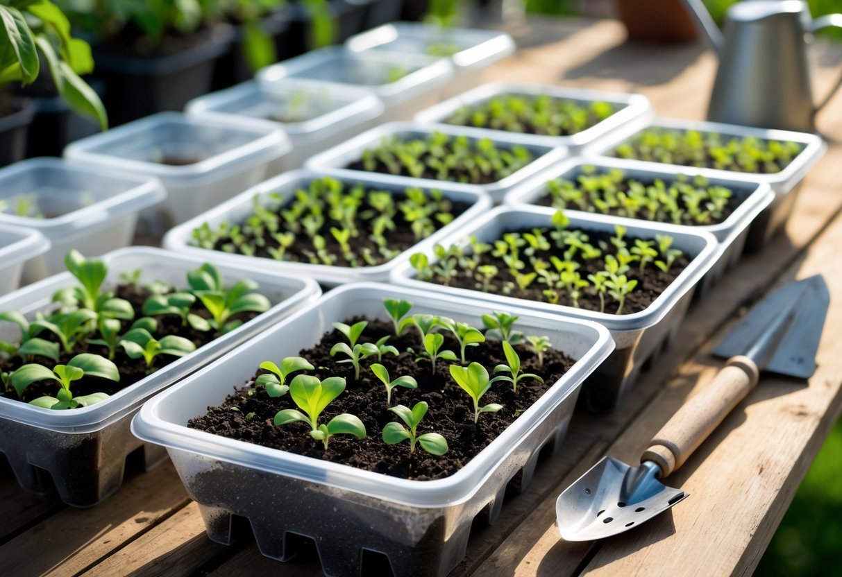 23+ Seed Starting Tray Ideas: Expert Tips for Growing Healthy Seedlings in the US 16 Several takeout containers filled with soil and young seedlings on a wooden table with gardening tools nearby.