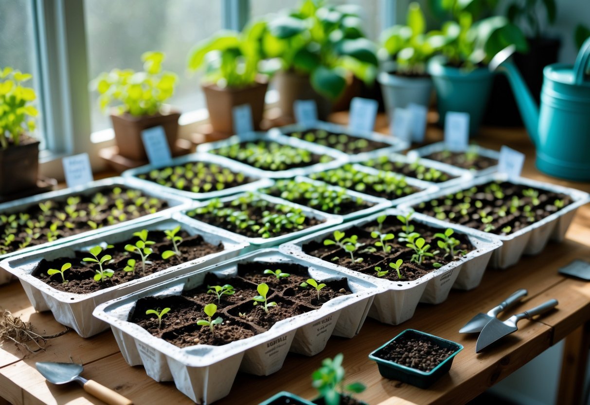 23+ Seed Starting Tray Ideas: Expert Tips for Growing Healthy Seedlings in the US 17 Seedlings growing in milk carton sections used as seed starting trays on a wooden table by a window with gardening tools nearby.