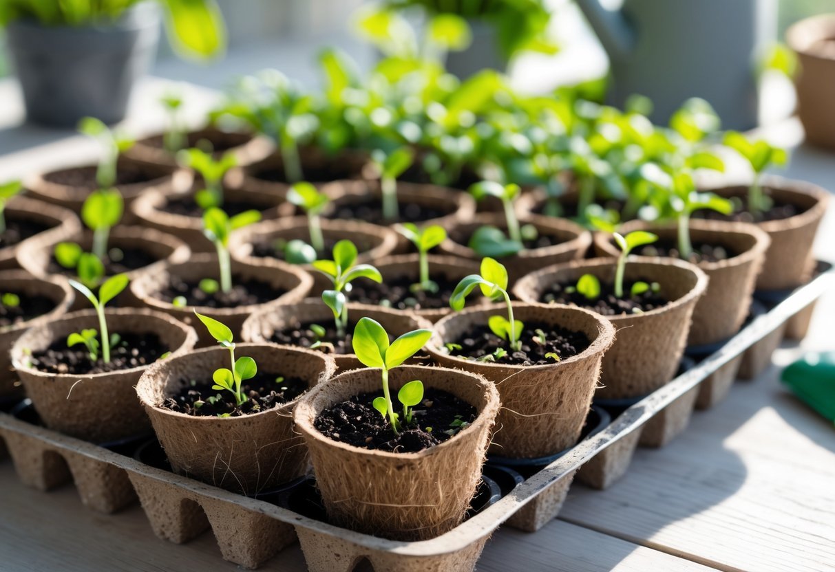 23+ Seed Starting Tray Ideas: Expert Tips for Growing Healthy Seedlings in the US 18 Seed starting tray filled with coconut coir pots containing soil and young green seedlings on a wooden surface with gardening tools in the background.