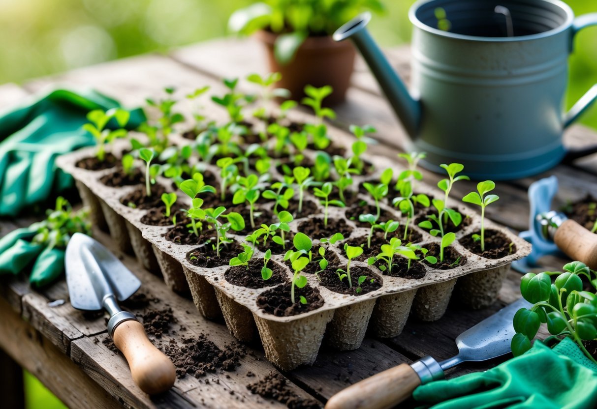 23+ Seed Starting Tray Ideas: Expert Tips for Growing Healthy Seedlings in the US 19 A seed starting tray with biodegradable peat pots containing young green seedlings on a wooden table with gardening tools nearby.