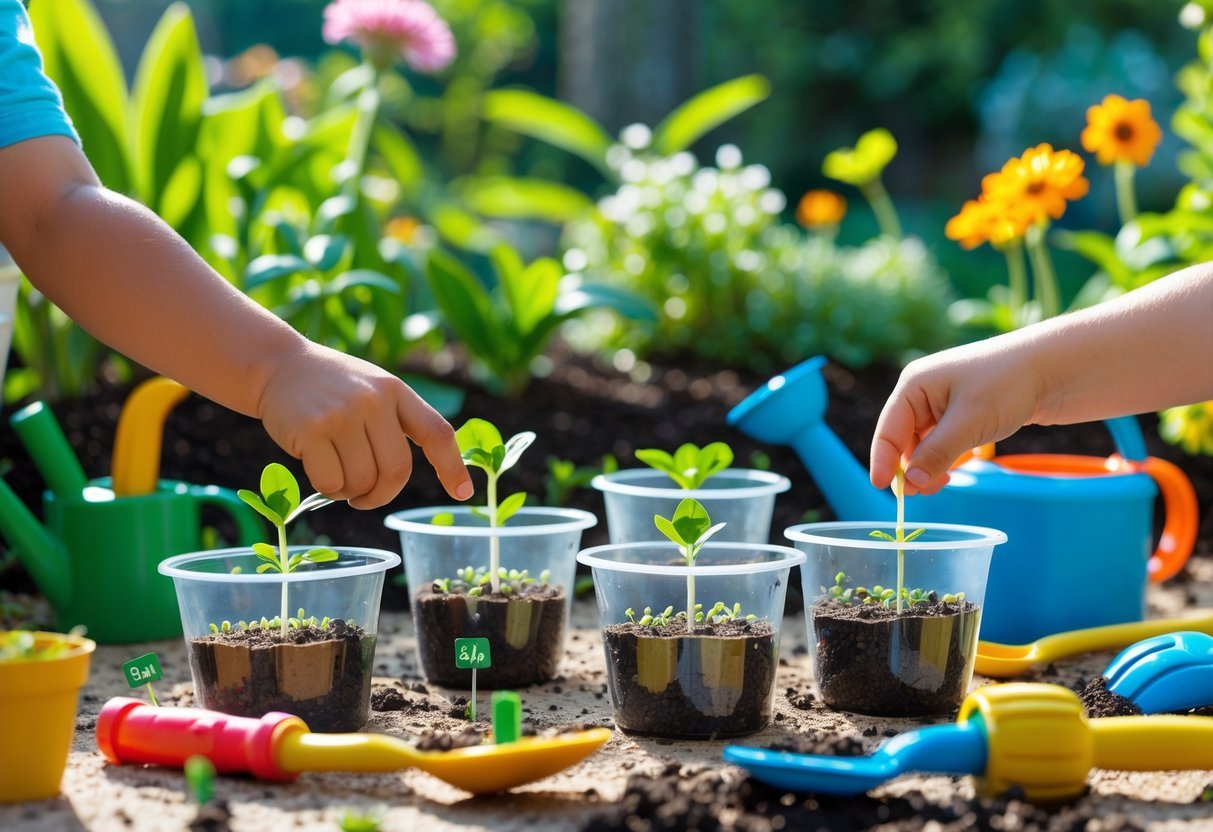 Garden Ideas for Kids Science Projects: 7 Fun and Educational Activities for US Families 2 Children’s hands observing small sprouting seeds in clear containers placed in a garden with gardening tools nearby.