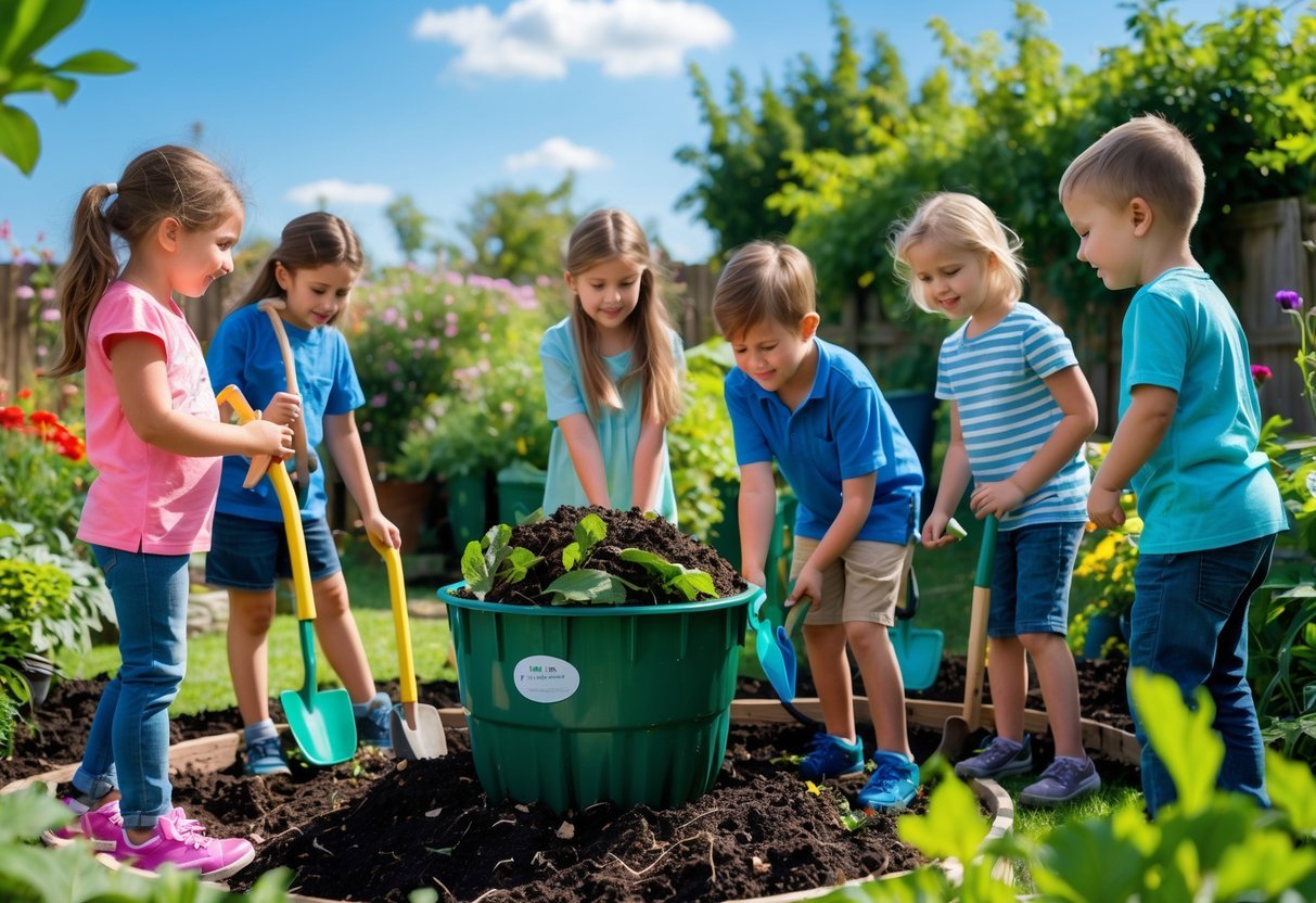 Garden Ideas for Kids Science Projects: 7 Fun and Educational Activities for US Families 3 Children working together on a composting project in a garden, surrounded by plants and soil.
