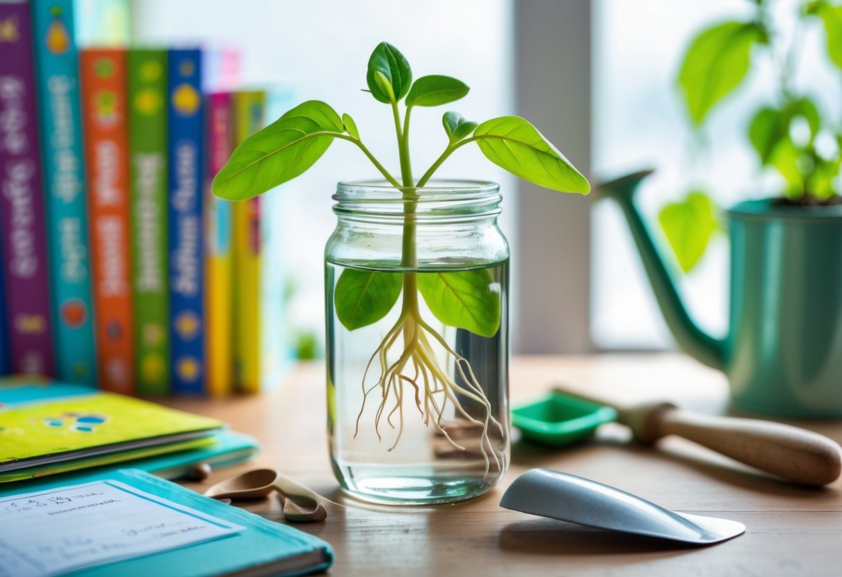 Garden Ideas for Kids Science Projects: 7 Fun and Educational Activities for US Families 4 A glass jar on a table with a sprouting bean seed inside, surrounded by children's science books and gardening tools.