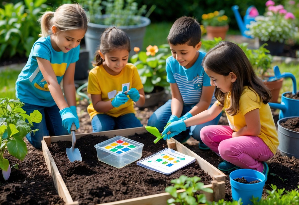 Garden Ideas for Kids Science Projects: 7 Fun and Educational Activities for US Families 5 Children testing soil pH in a garden using test strips and soil samples, surrounded by plants and gardening tools.