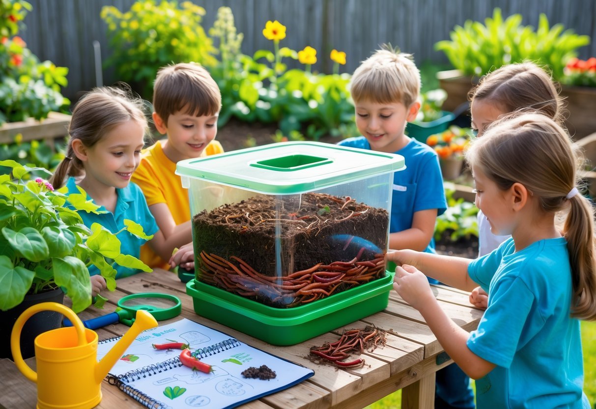 Garden Ideas for Kids Science Projects: 7 Fun and Educational Activities for US Families 7 Children exploring a worm composting bin in a garden surrounded by plants and gardening tools.