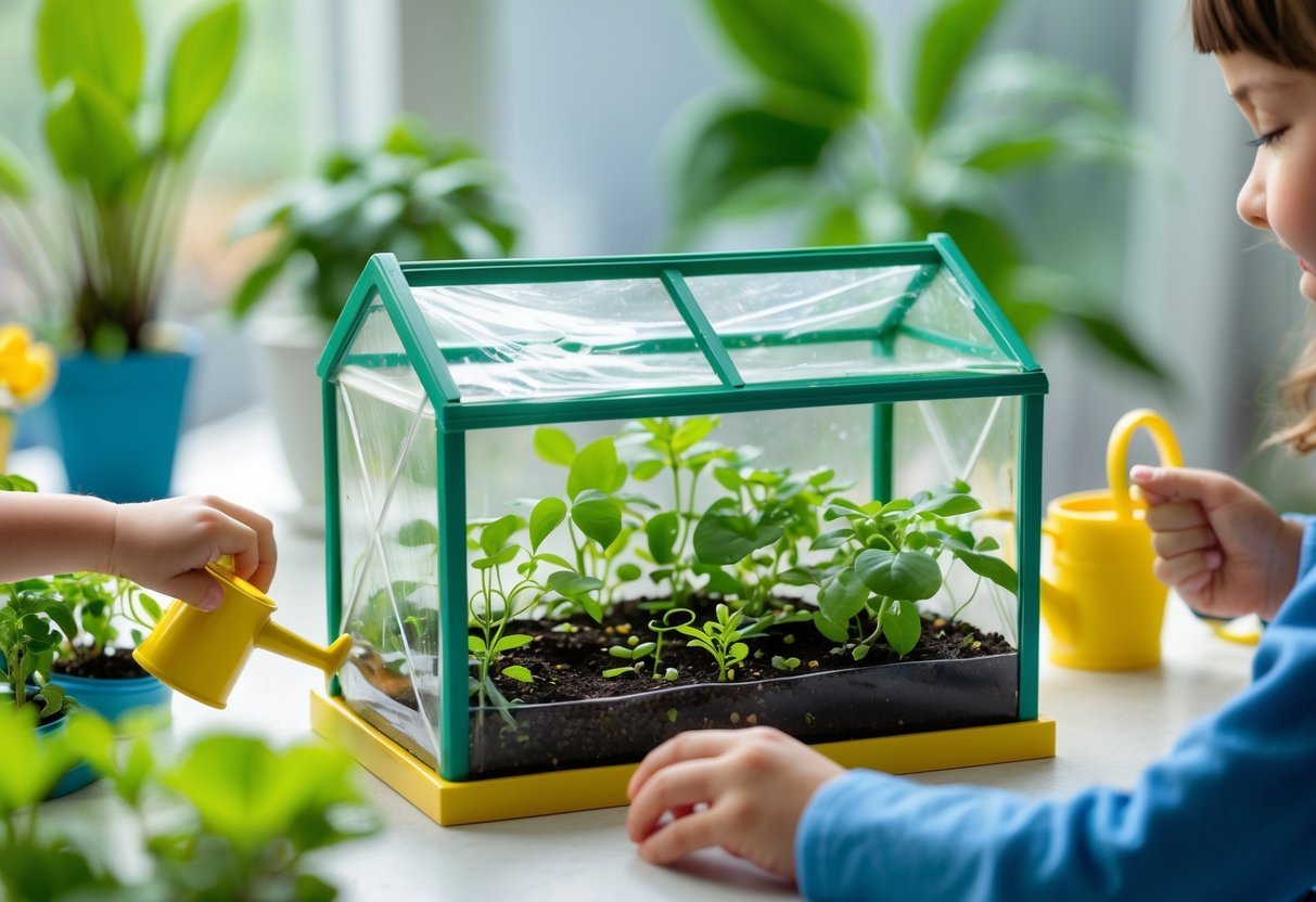 Garden Ideas for Kids Science Projects: 7 Fun and Educational Activities for US Families 8 Mini greenhouse with small plants and children’s hands tending to them in a bright indoor or garden setting.