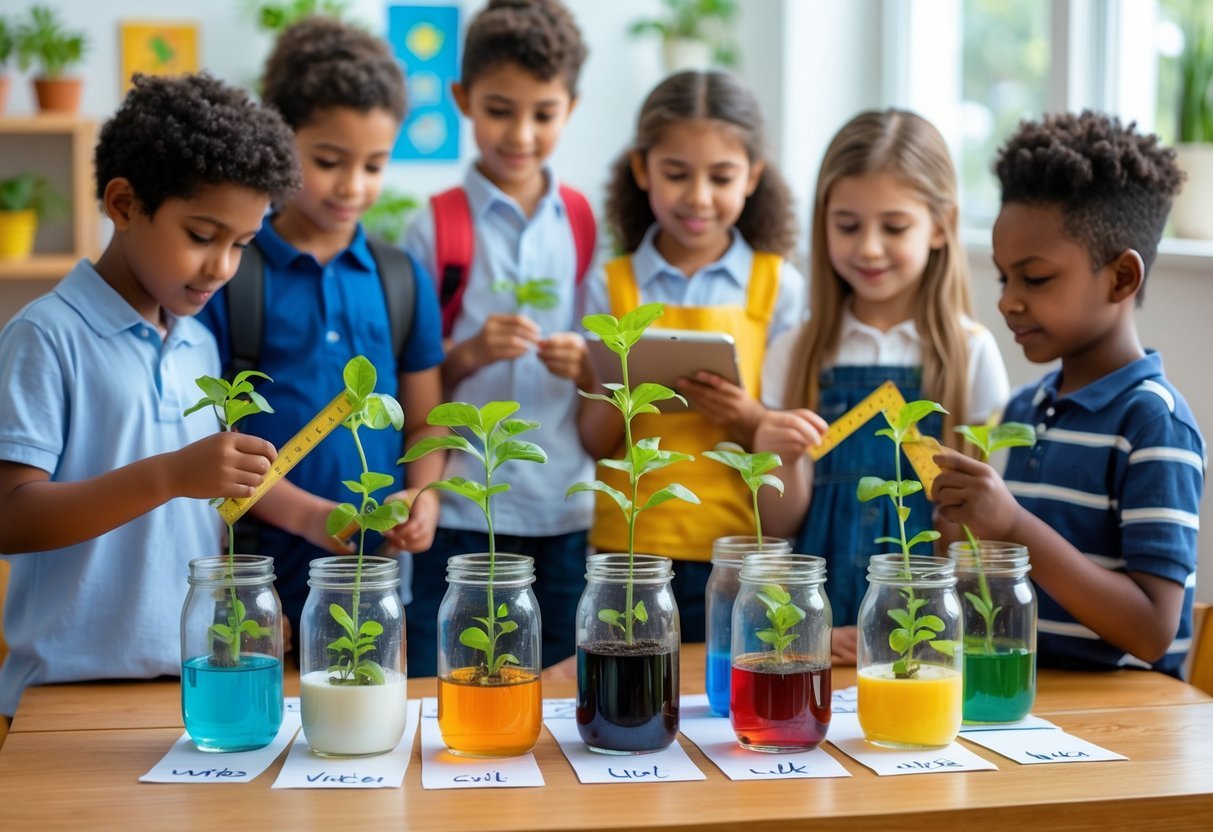 Garden Ideas for Kids Science Projects: 7 Fun and Educational Activities for US Families 9 Children measuring the growth of plants in jars filled with different liquids on a table indoors.