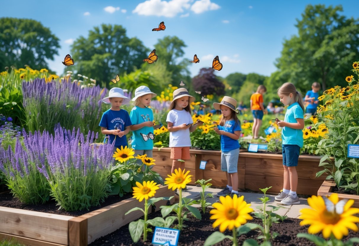 Garden Ideas for Kids Science Projects: 7 Fun and Educational Activities for US Families 10 Children exploring a colorful butterfly and bee garden with blooming flowers and pollinators on a sunny day.