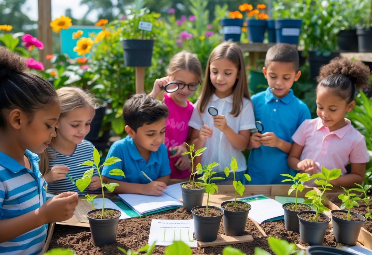 Garden Ideas for Kids Science Projects: 7 Fun and Educational Activities for US Families 11 Children observing potted plants in a garden, studying how the plants grow toward light and gravity as part of a science project.