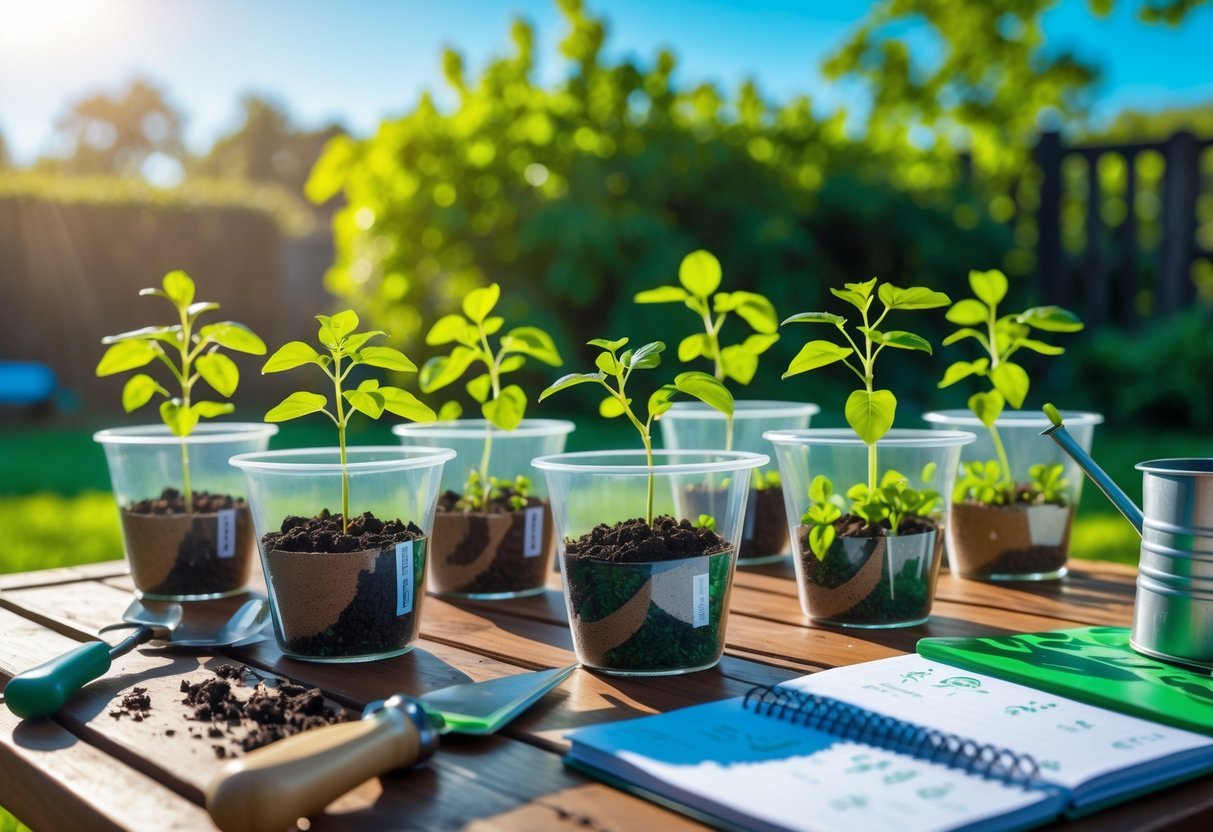 Garden Ideas for Kids Science Projects: 7 Fun and Educational Activities for US Families 12 Children's science project showing small pots with plants growing in different types of soil on a garden table outdoors.