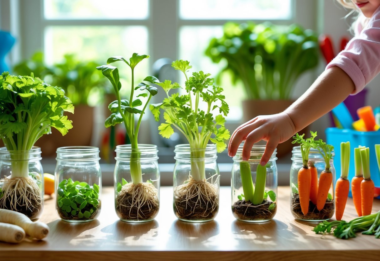 Garden Ideas for Kids Science Projects: 7 Fun and Educational Activities for US Families 15 Child’s hands tending to vegetable scraps regrowing in jars on a kitchen countertop near a sunny window.