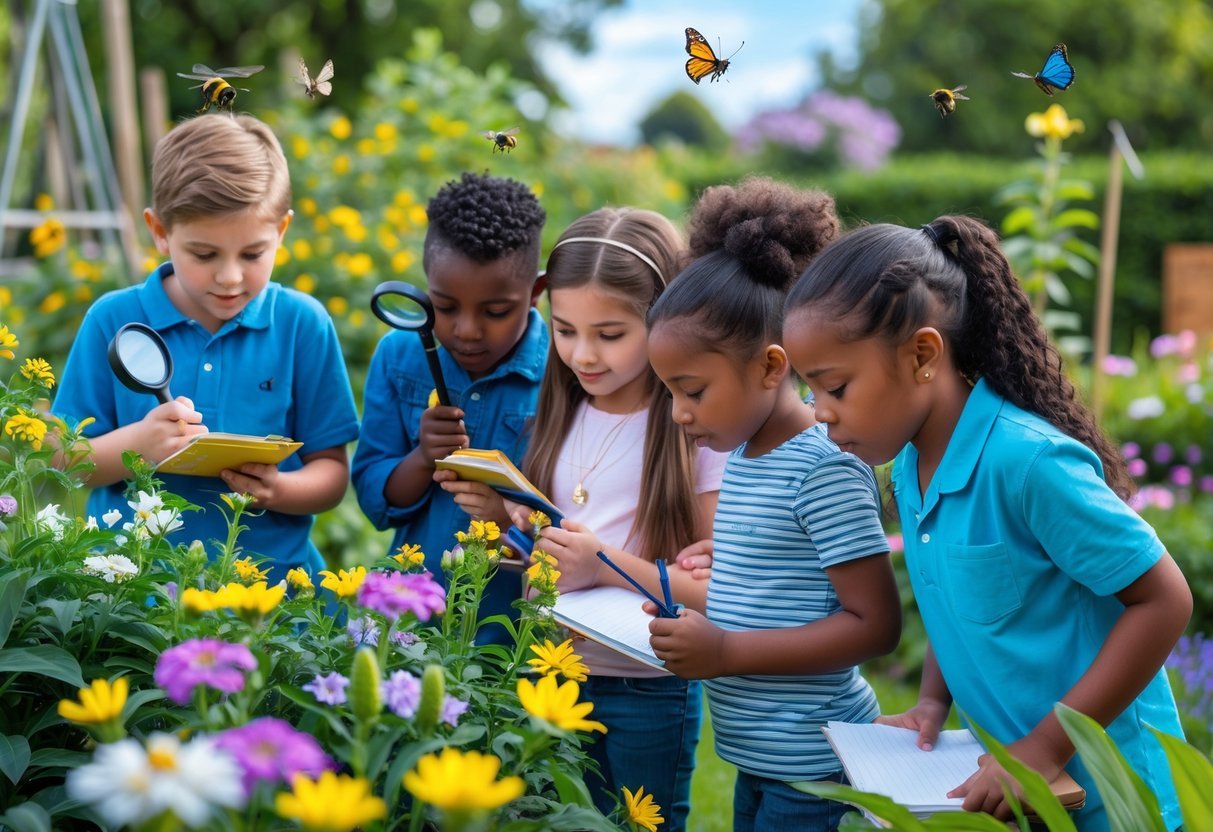 Garden Ideas for Kids Science Projects: 7 Fun and Educational Activities for US Families 16 Children observing flowering plants and pollinators in a garden, using magnifying glasses and taking notes.