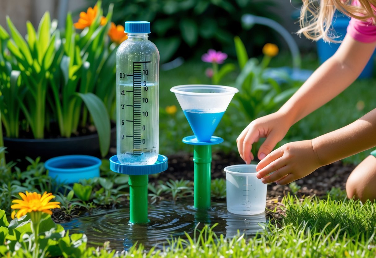 Garden Ideas for Kids Science Projects: 7 Fun and Educational Activities for US Families 17 Children’s hands interacting with a DIY rain gauge and water collection setup in a sunny garden surrounded by plants and flowers.