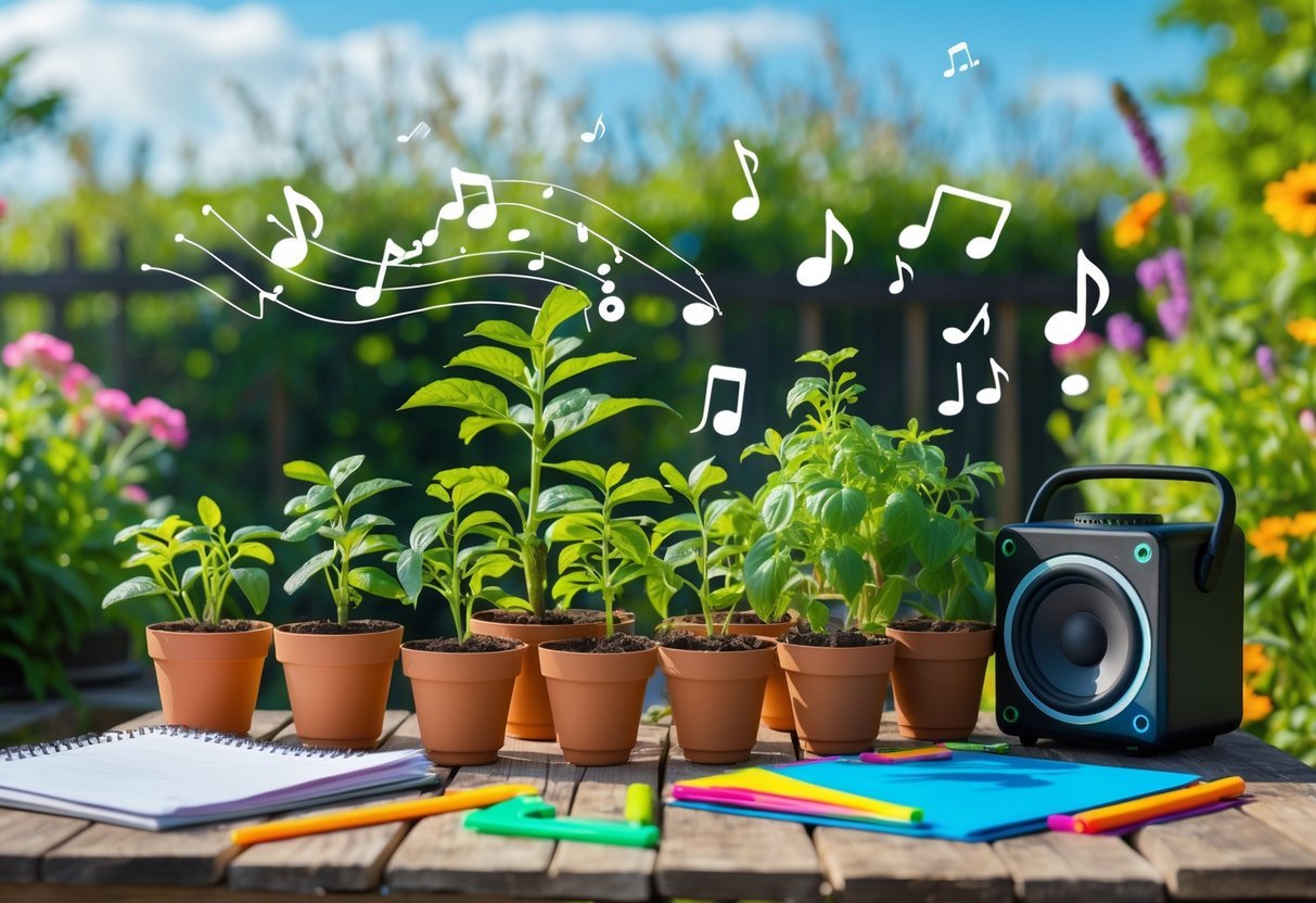 Garden Ideas for Kids Science Projects: 7 Fun and Educational Activities for US Families 18 A garden table with small potted plants and a speaker playing music, surrounded by children's science project materials outdoors.