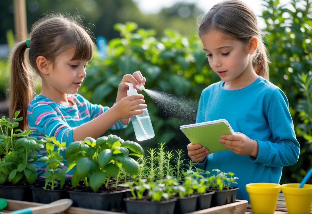 Garden Ideas for Kids Science Projects: 7 Fun and Educational Activities for US Families 19 Two children testing natural pest repellents in a garden with fresh herbs, one spraying plants while the other takes notes.
