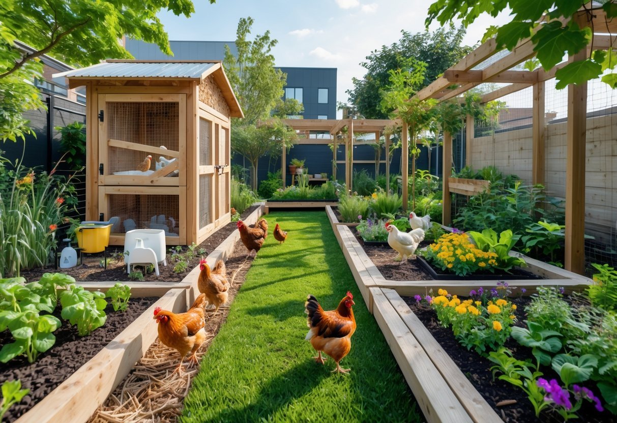 19+ Garden Ideas for Urban Chickens: Practical Tips for Small Space Backyard Success 2 A spacious urban garden with a wooden chicken coop, chickens roaming freely among green plants, raised vegetable beds, and flowers, set against a city backdrop.