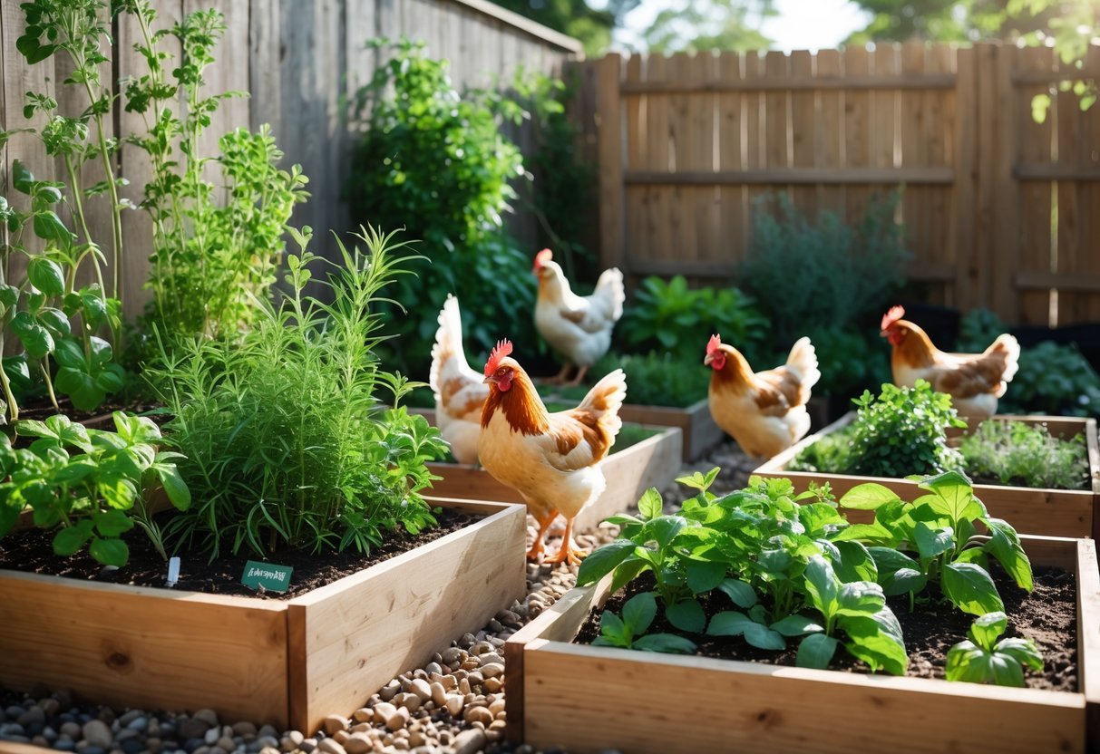 19+ Garden Ideas for Urban Chickens: Practical Tips for Small Space Backyard Success 3 An urban backyard herb garden with chickens pecking among green herbs in raised wooden beds.