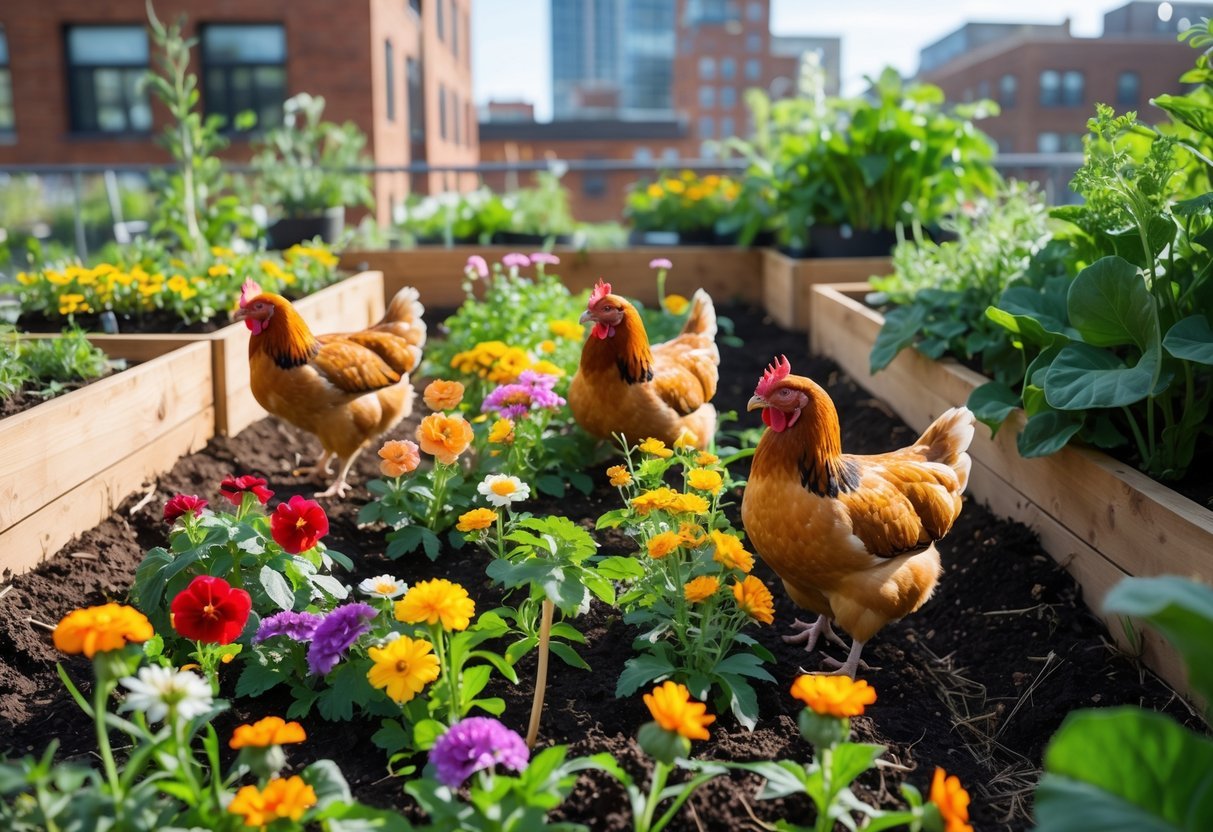 19+ Garden Ideas for Urban Chickens: Practical Tips for Small Space Backyard Success 4 An urban garden with raised beds of colorful edible flowers and chickens pecking among them, with city buildings in the background.