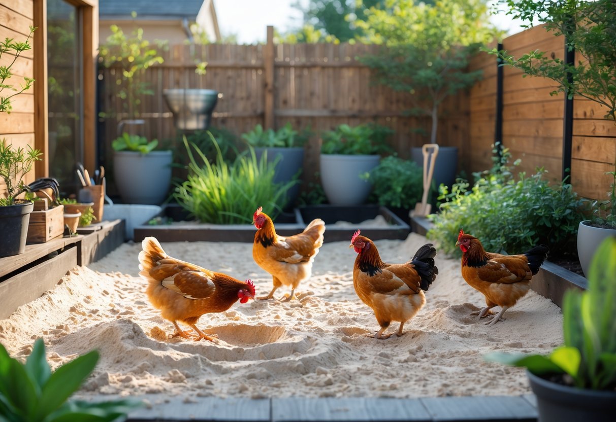 19+ Garden Ideas for Urban Chickens: Practical Tips for Small Space Backyard Success 5 An urban garden dust bath area with chickens rolling and flapping in the sand surrounded by plants and a wooden fence.