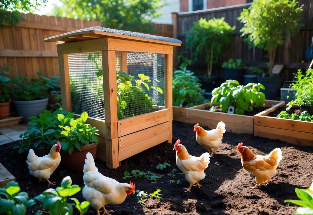 19+ Garden Ideas for Urban Chickens: Practical Tips for Small Space Backyard Success 6 Urban backyard garden corner with a wooden compost bin protected by wire mesh, surrounded by green plants and free-roaming chickens.