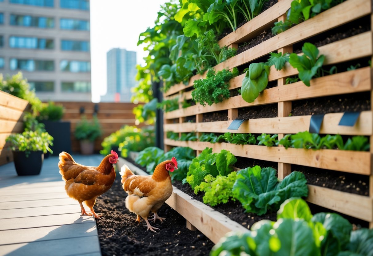 19+ Garden Ideas for Urban Chickens: Practical Tips for Small Space Backyard Success 7 Vertical garden with green plants growing on shelves and chickens pecking nearby in an urban backyard.