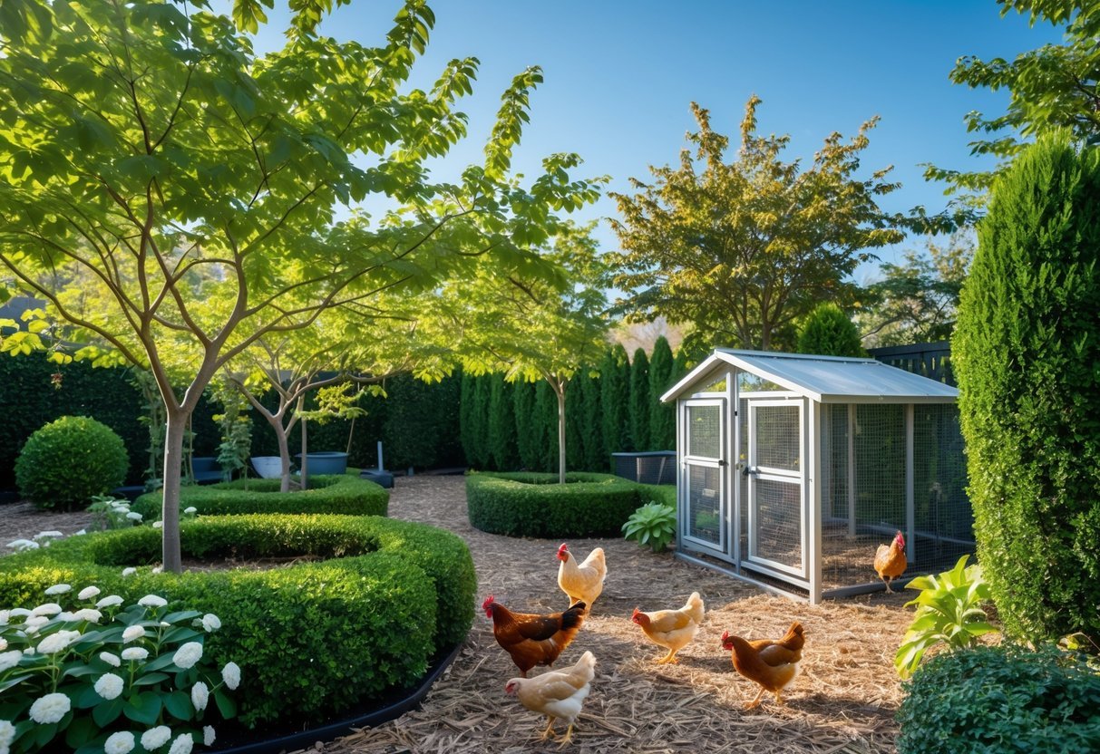 19+ Garden Ideas for Urban Chickens: Practical Tips for Small Space Backyard Success 8 An urban garden with shade trees and shrubs providing shelter for free-range chickens near a chicken coop.
