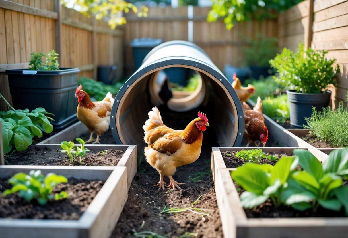 19+ Garden Ideas for Urban Chickens: Practical Tips for Small Space Backyard Success 9 An urban backyard garden with a wooden chicken tunnel and several chickens walking through and around it among green plants.