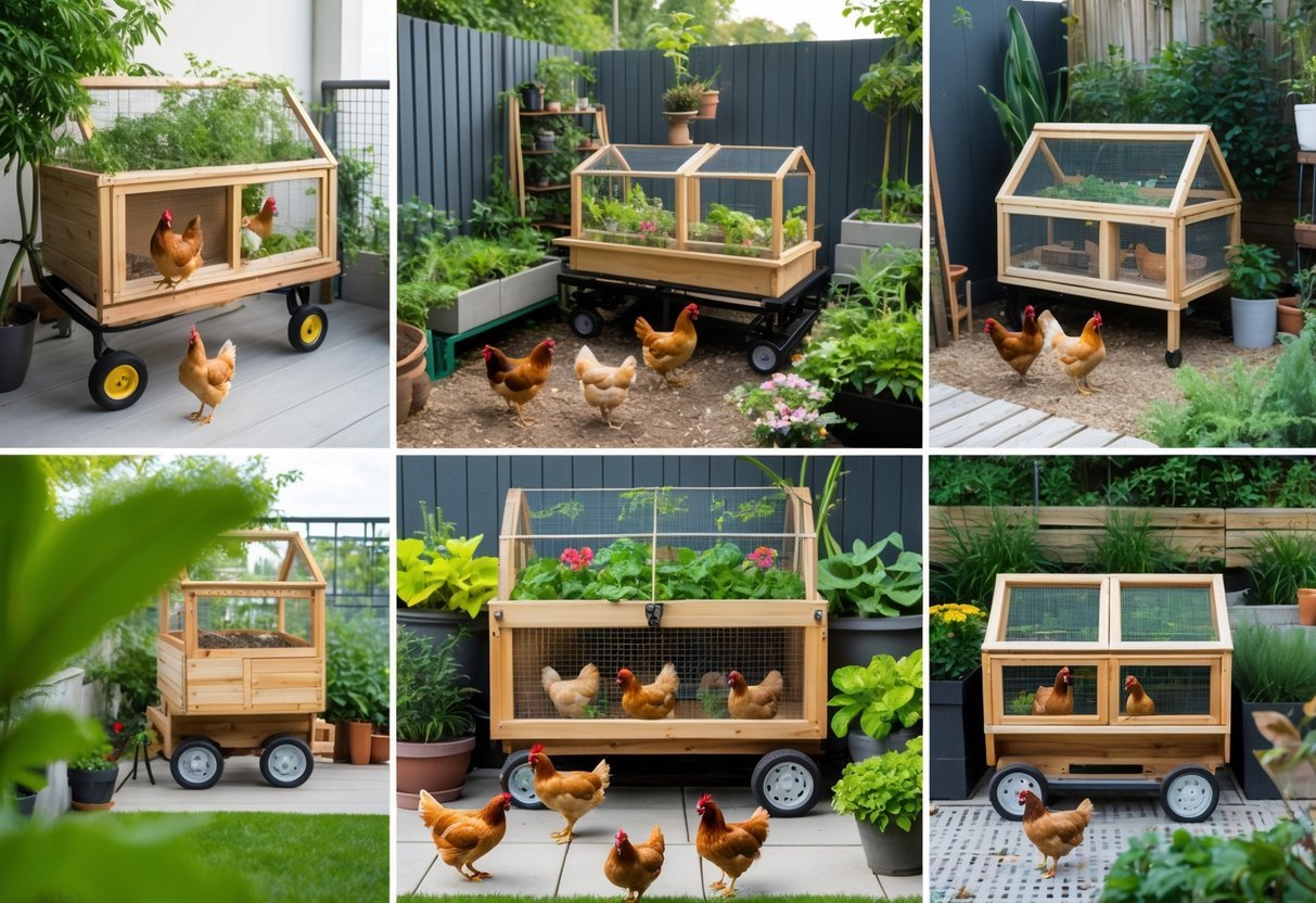 19+ Garden Ideas for Urban Chickens: Practical Tips for Small Space Backyard Success 10 Eight different mobile chicken tractor setups in small urban garden spaces with chickens inside and around them, surrounded by plants and garden elements.