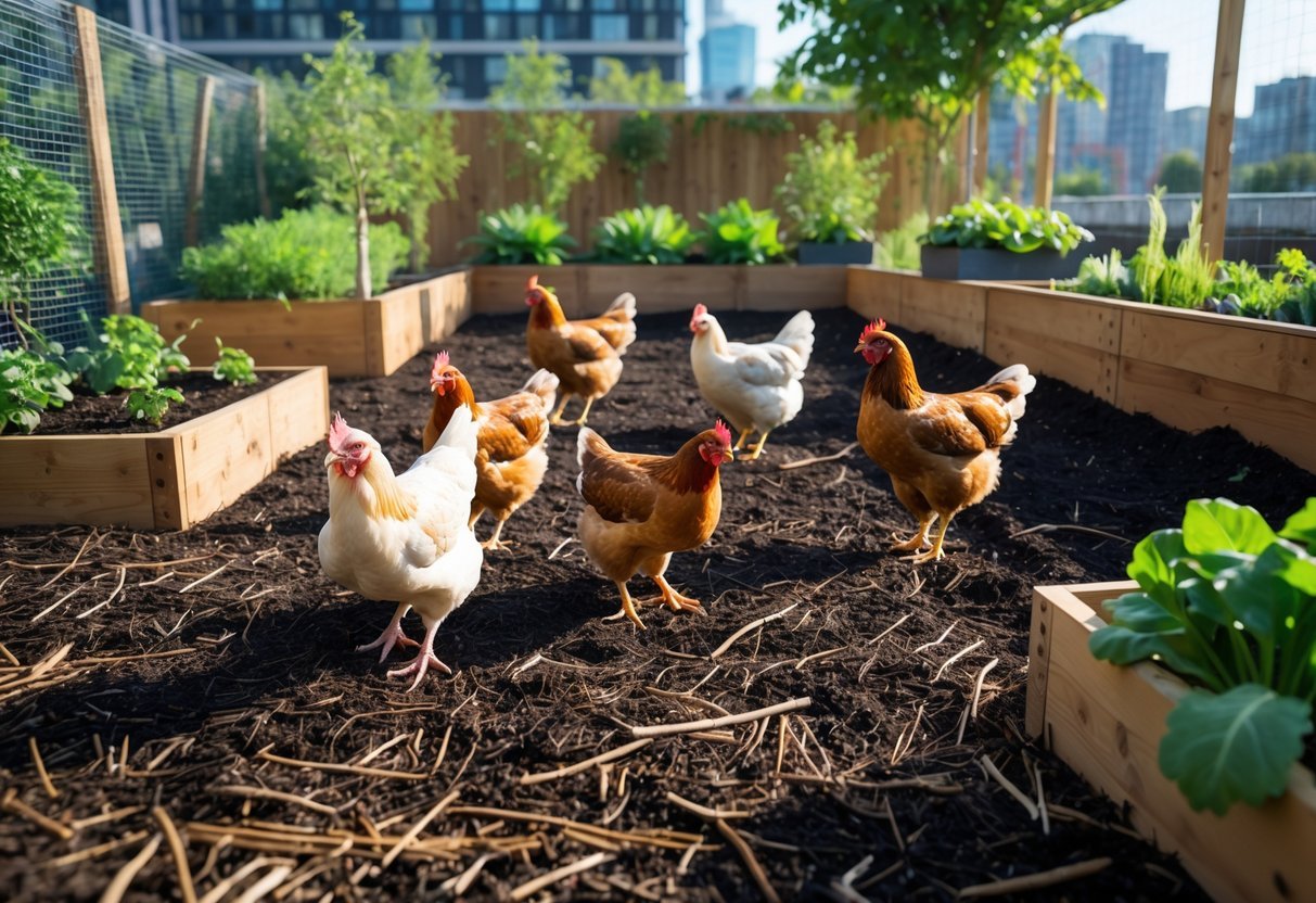 19+ Garden Ideas for Urban Chickens: Practical Tips for Small Space Backyard Success 11 An urban garden area covered with mulch where several chickens are scratching and pecking, surrounded by plants and a wooden fence.