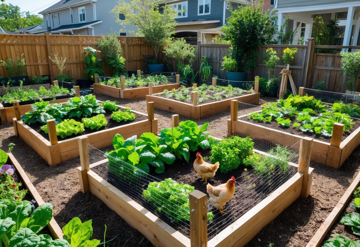 19+ Garden Ideas for Urban Chickens: Practical Tips for Small Space Backyard Success 12 Raised garden beds with wooden fencing containing chickens in an urban backyard garden.