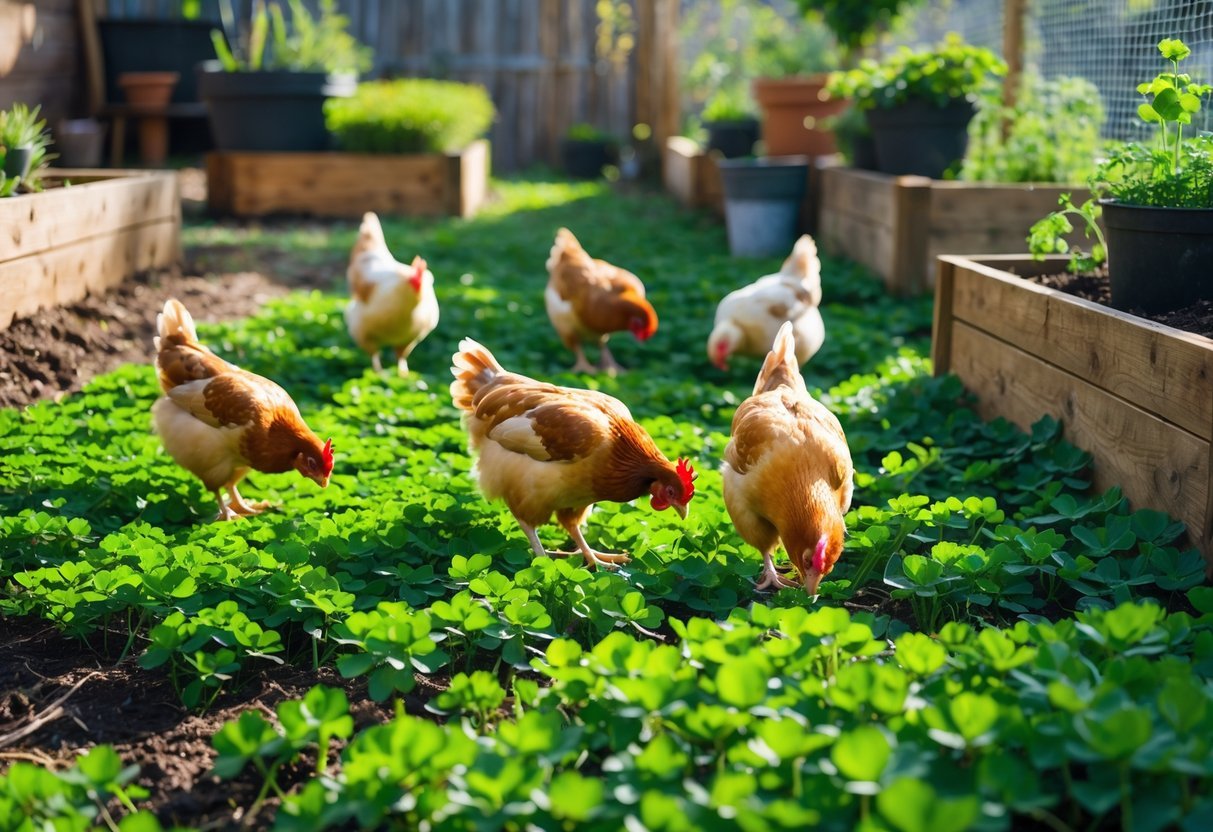 19+ Garden Ideas for Urban Chickens: Practical Tips for Small Space Backyard Success 13 Chickens foraging in a green clover garden patch in an urban backyard setting.