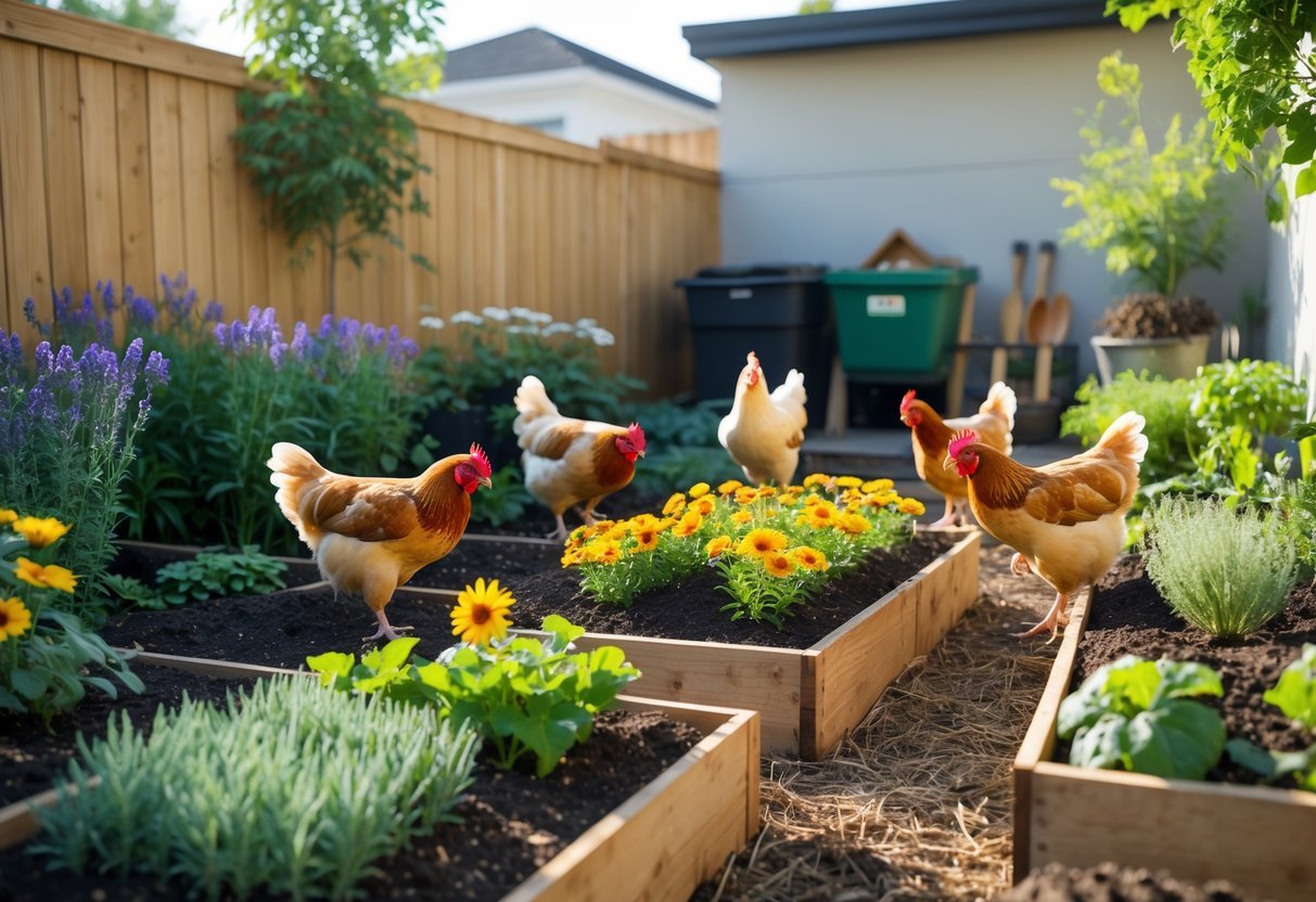 19+ Garden Ideas for Urban Chickens: Practical Tips for Small Space Backyard Success 14 Urban garden with flowering plants attracting insects and chickens foraging among them in a backyard setting.