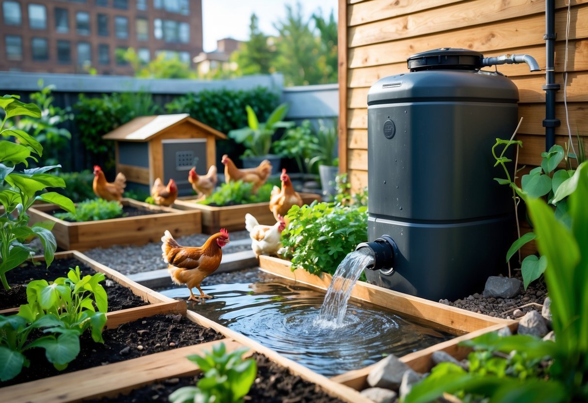 19+ Garden Ideas for Urban Chickens: Practical Tips for Small Space Backyard Success 15 Urban garden with a rainwater collection barrel next to a fenced chicken coop where chickens are roaming.