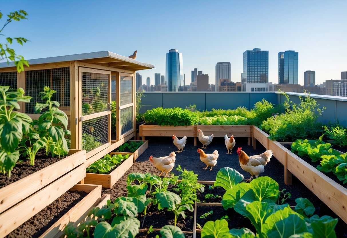 19+ Garden Ideas for Urban Chickens: Practical Tips for Small Space Backyard Success 16 A rooftop garden with a wooden chicken coop and chickens surrounded by green plants and city buildings in the background.