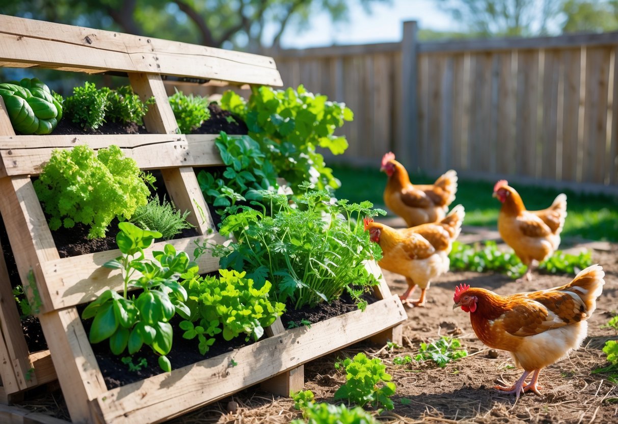 19+ Garden Ideas for Urban Chickens: Practical Tips for Small Space Backyard Success 17 A wooden pallet garden filled with green plants and herbs with chickens pecking and foraging around it in a sunny backyard.