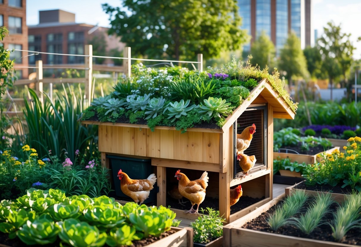 19+ Garden Ideas for Urban Chickens: Practical Tips for Small Space Backyard Success 18 An urban chicken coop with a green living roof surrounded by garden plants and chickens in a community garden.