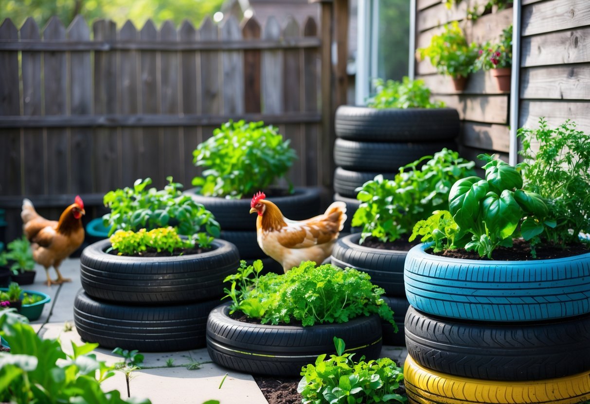 19+ Garden Ideas for Urban Chickens: Practical Tips for Small Space Backyard Success 19 Urban garden with recycled tire planters filled with plants and chickens nearby in a backyard.